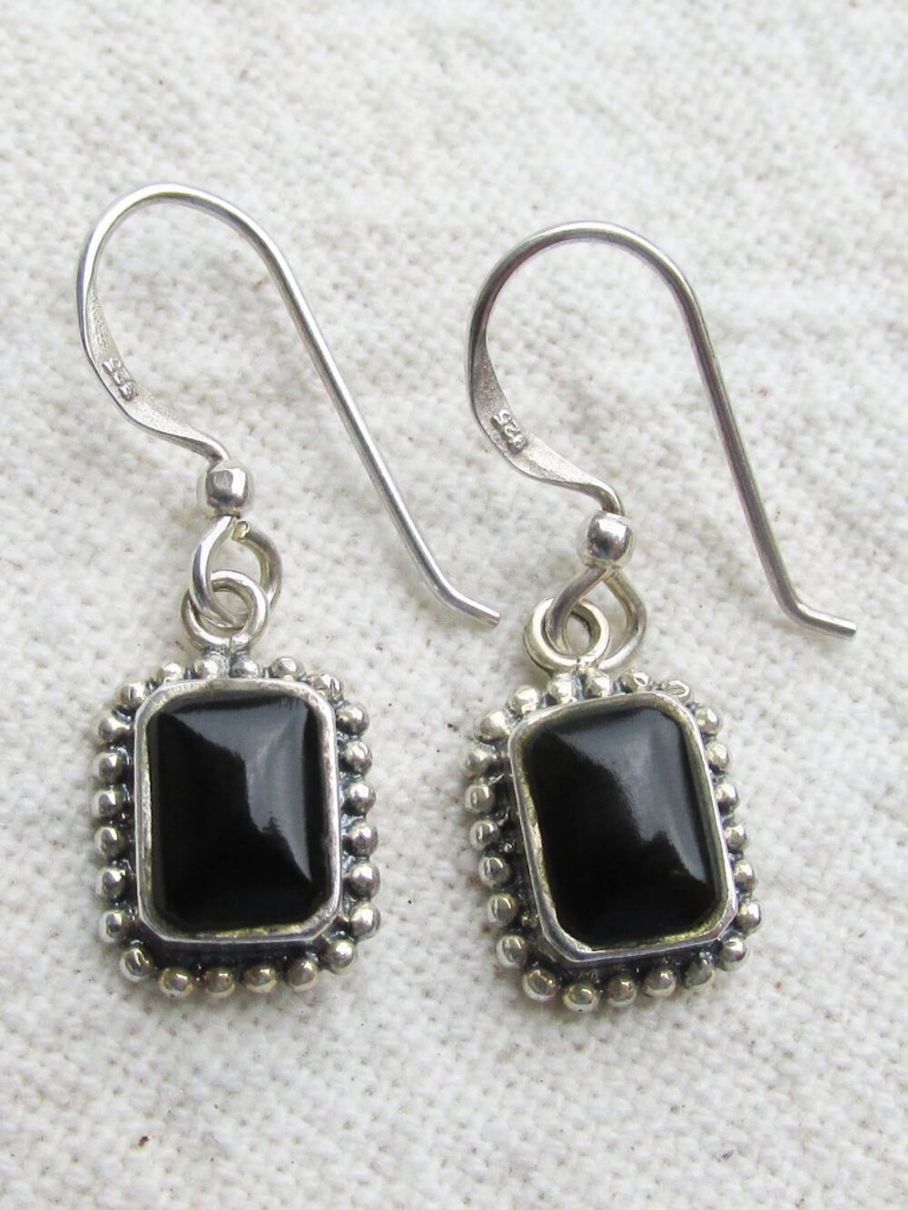 Vintage Sterling Silver Black Hematite Small Square Dangle Earrings